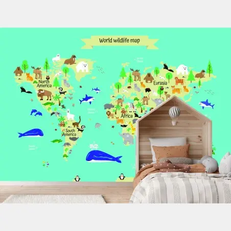 Fotomural mapa mundial de fauna en estilo ilustrado – Pixers®
