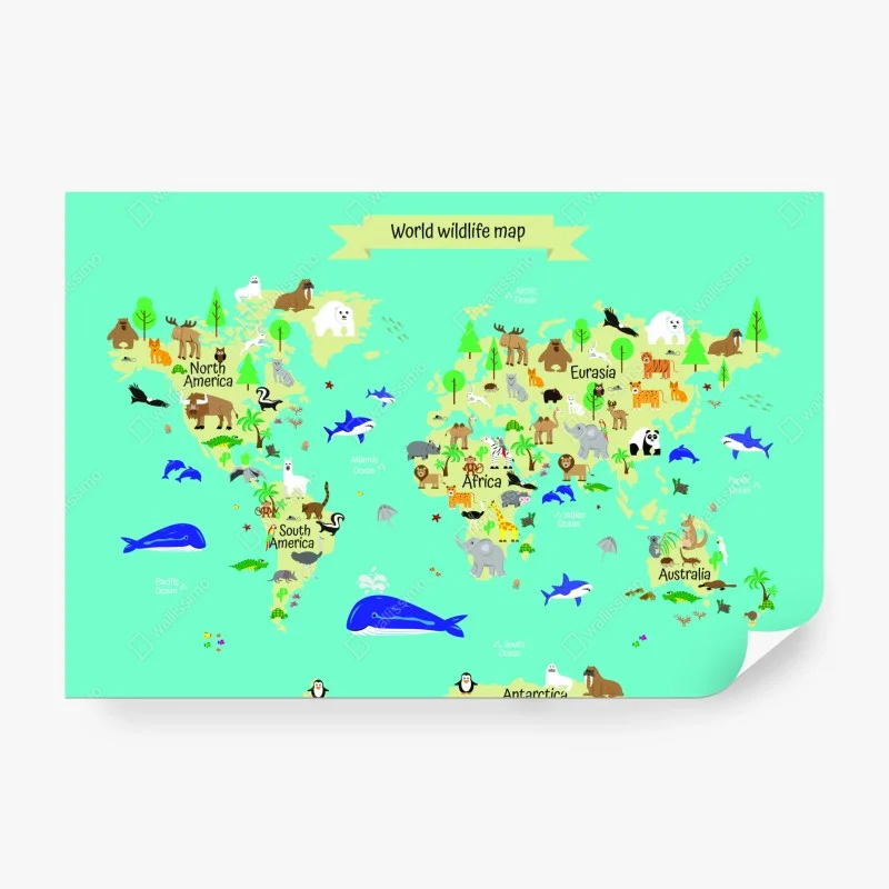 Fotomural mapa mundial de fauna en estilo ilustrado