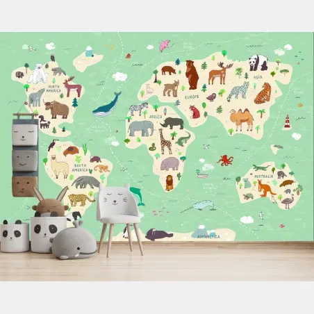 Fotomural mapa animal del mundo para habitación infantil – Pixers®