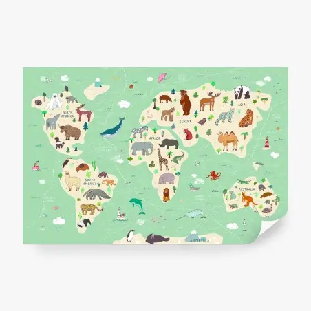 Fotomural mapa animal del mundo para habitación infantil – Pixers®