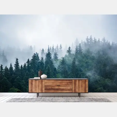 Fotomural bosque entre la niebla y los pinos – Pixers®