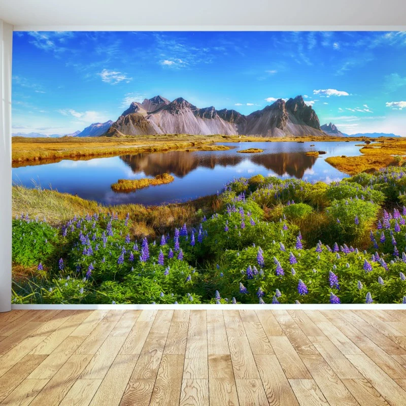 Fotomural lupinos frente a Stokksnes, Vestrahorn