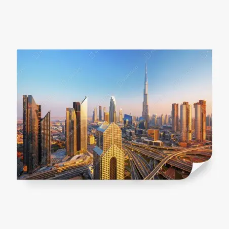 Fotomural vibrante horizonte urbano de Dubái al atardecer – Pixers®
