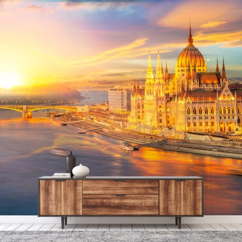 Fotomural amanecer dorado sobre el parlamento de Hungría en Budapest