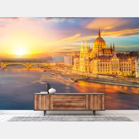 Fotomural amanecer dorado sobre el parlamento de Hungría en Budapest – Pixers®