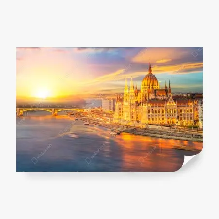 Fotomural amanecer dorado sobre el parlamento de Hungría en Budapest – Pixers®