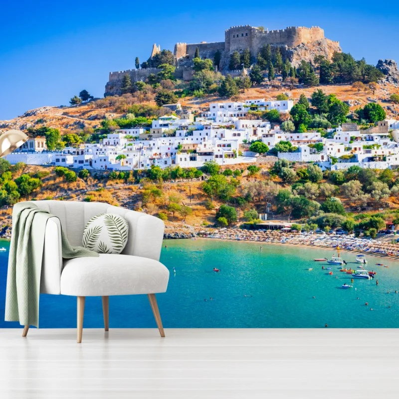 Fotomural Lindos, Grecia: acantilado de casas blancas y Acrópolis