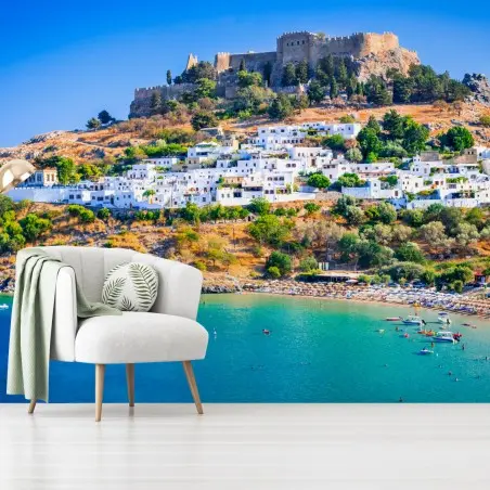 Fotomural Lindos, Grecia: acantilado de casas blancas y Acrópolis