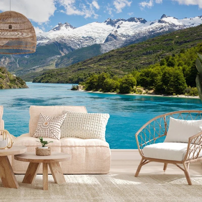Fotomural paisaje de montañas nevadas y aguas turquesas