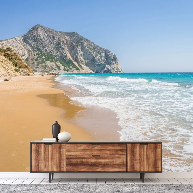Fotomural paisaje costero de arena dorada y mar turquesa