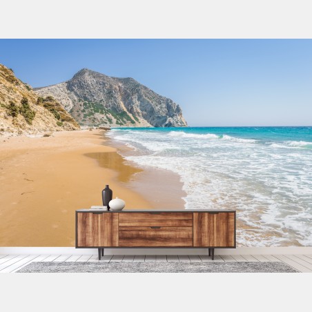 Fotomural paisaje costero de arena dorada y mar turquesa – Pixers®