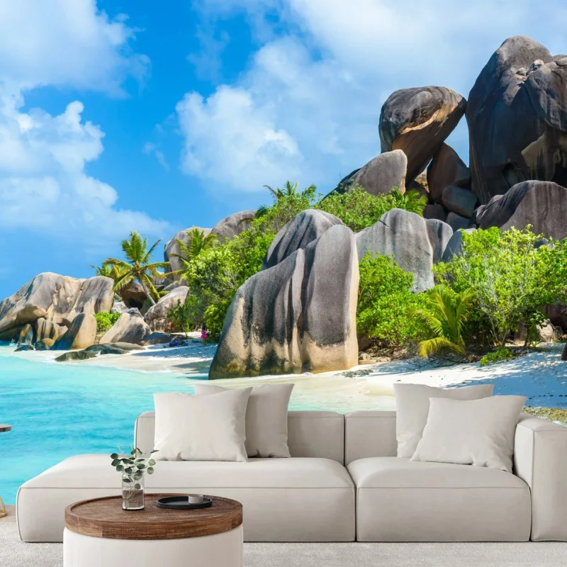 Fotomural playa paradisíaca de La Digue, Seychelles