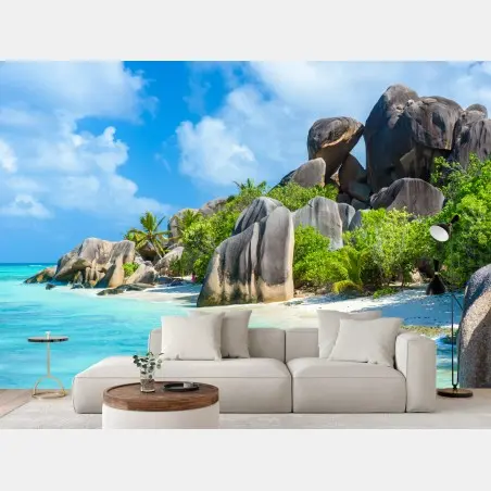 Fotomural playa paradisíaca de La Digue, Seychelles – Pixers®