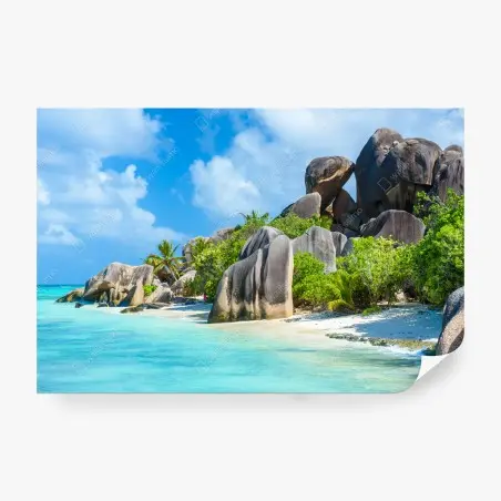 Fotomural playa paradisíaca de La Digue, Seychelles – Pixers®