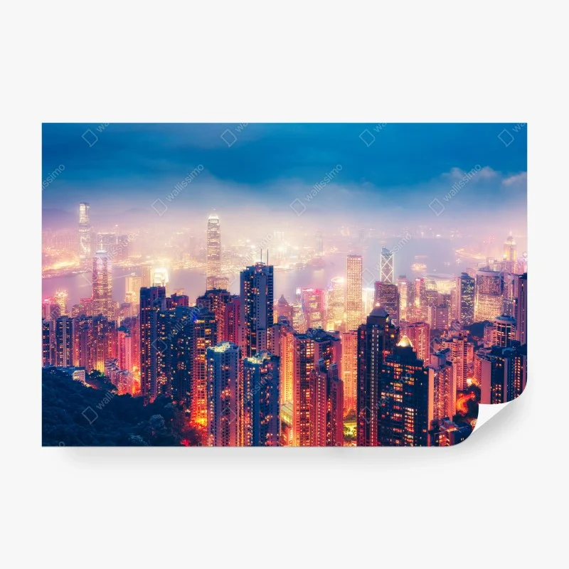 Fotomural panorámica nocturna vibrante de Hong Kong desde Victoria Peak