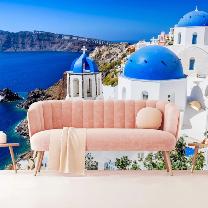 Fotomural amanecer en Santorini: cúpulas azules sobre el mar