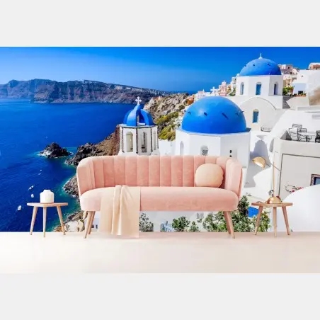 Fotomural amanecer en Santorini: cúpulas azules sobre el mar – Pixers®