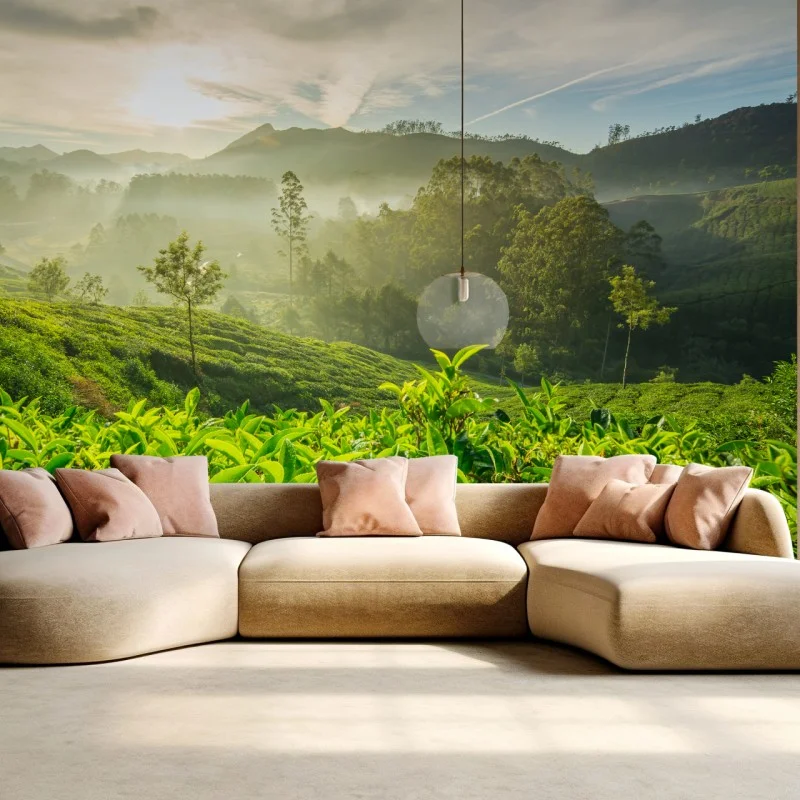 Fotomural amanecer sobre plantaciones de té en Munnar