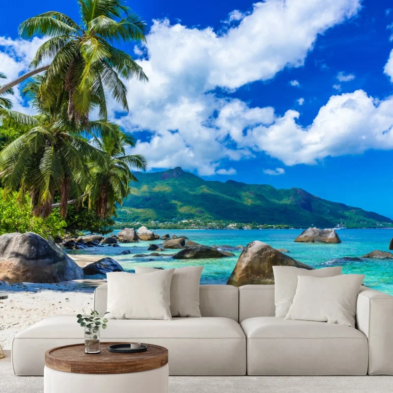 Fotomural paisaje tropical en Baie Beau Vallon, Mahé, Seychelles