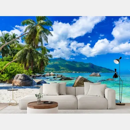 Fotomural paisaje tropical en Baie Beau Vallon, Mahé, Seychelles – Pixers®