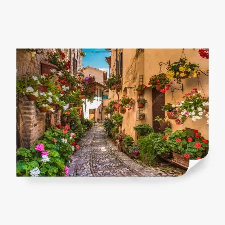 Fotomural calle floral medieval en Umbria, Italia – Pixers®