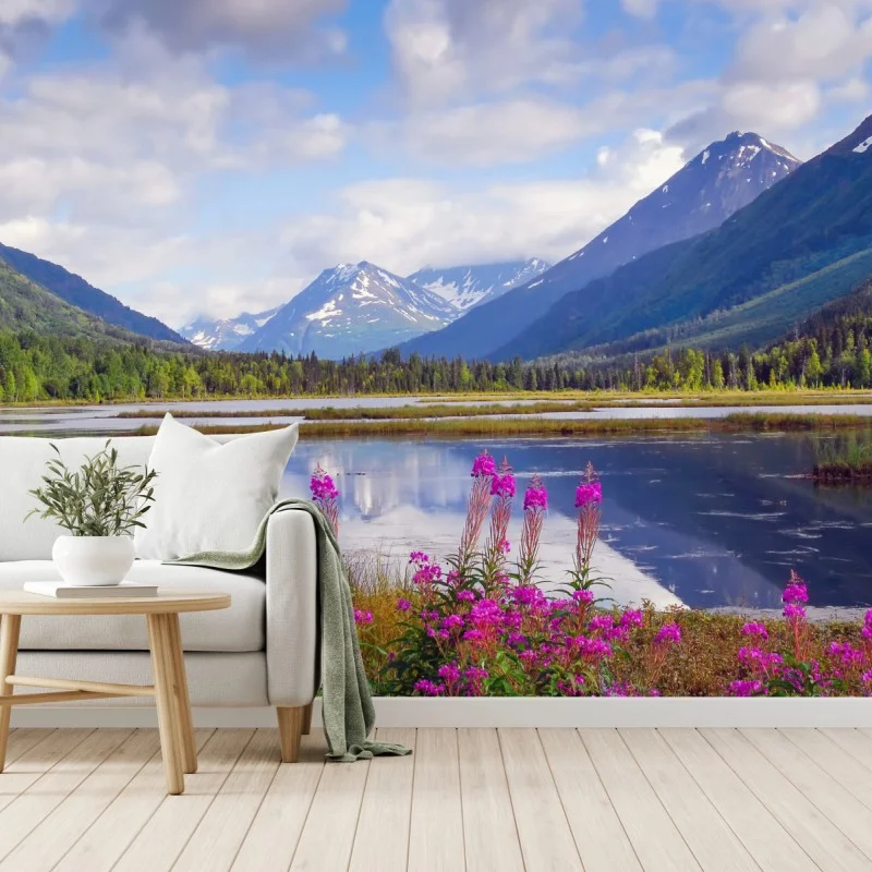 Fotomural amanecer en Tern Lake, Alaska: paisaje de montañas y lago