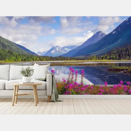 Fotomural amanecer en Tern Lake, Alaska: paisaje de montañas y lago – Pixers®
