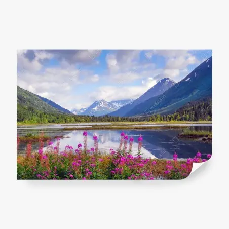 Fotomural amanecer en Tern Lake, Alaska: paisaje de montañas y lago – Pixers®