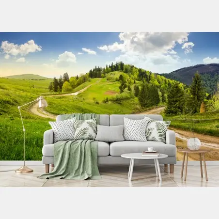 Fotomural escena otoñal en la colina con cruce de caminos – Pixers®