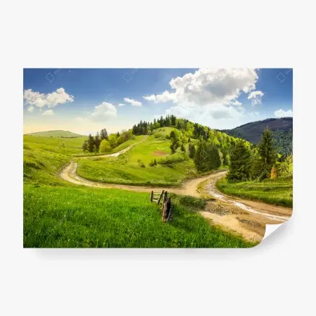 Fotomural escena otoñal en la colina con cruce de caminos – Pixers®