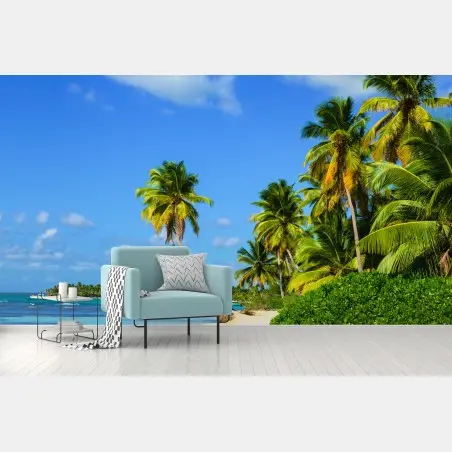 Fotomural playa paradisíaca con palmeras y aguas turquesas – Pixers®