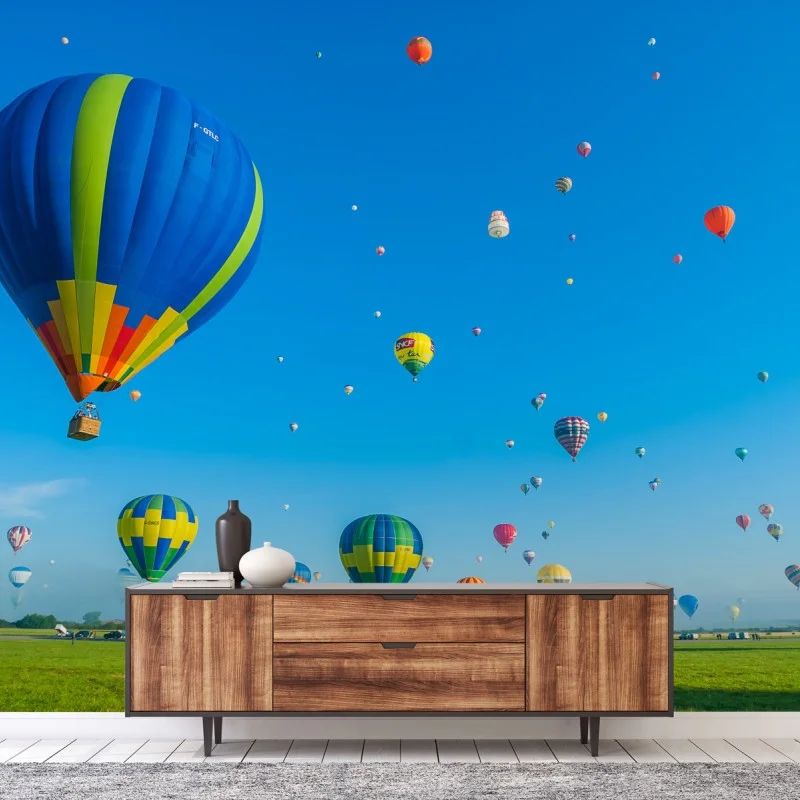 Fotomural amanecer en Chambley con globos aerostáticos sobre el campo
