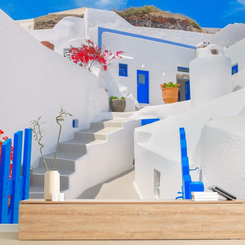 Fotomural paisaje blanco y azul de Santorini