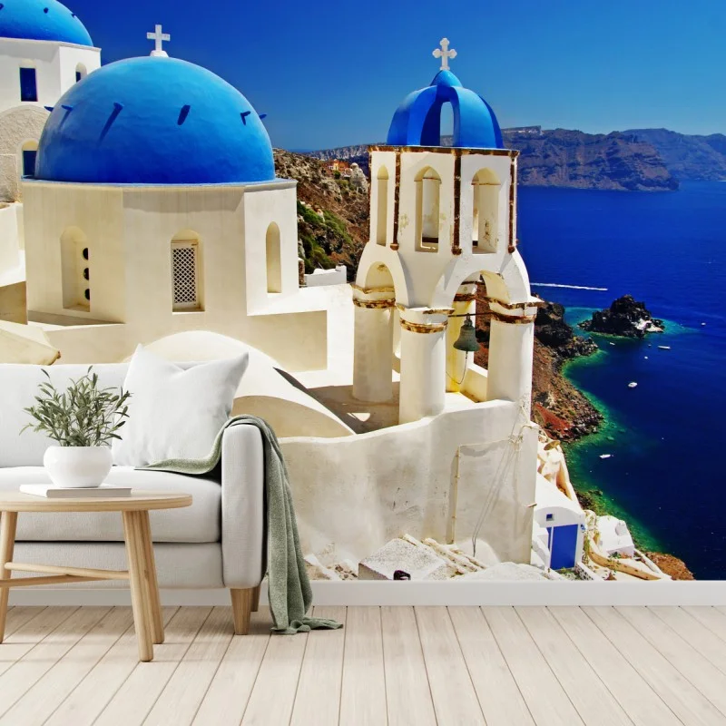 Fotomural vistas de Santorini: cúpulas azules sobre el mar