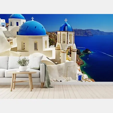 Fotomural vistas de Santorini: cúpulas azules sobre el mar – Pixers®