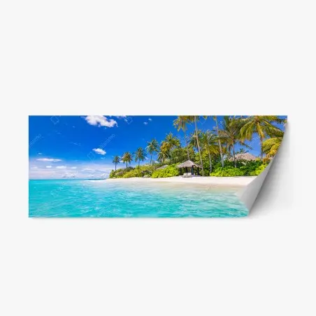 Pegatina reposicionable escena de playa tropical con palmeras y aguas turquesa – Pixers®