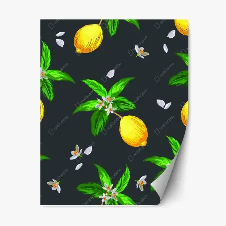 Pegatina reposicionable estampado de limones y flores sobre fondo oscuro – Pixers®