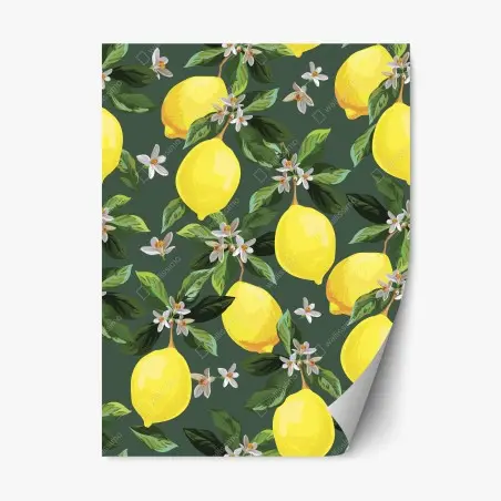 Pegatina reposicionable estampado de limones y flores sobre fondo verde – Pixers®