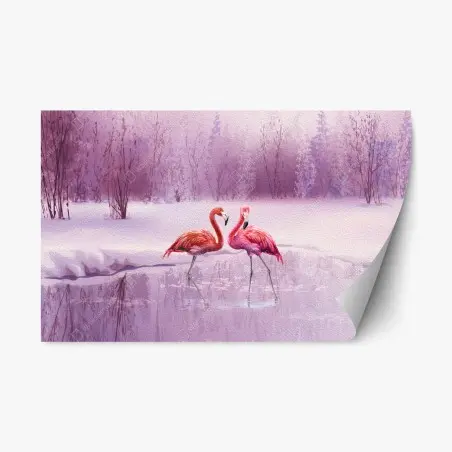 Pegatina reposicionable pareja de flamencos en paisaje invernal púrpura – Pixers®