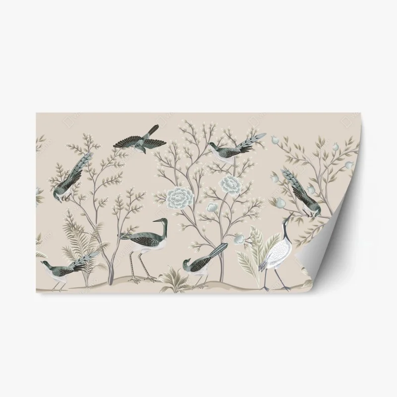 Pegatina reposicionable escena de aves y flores en tonos neutros