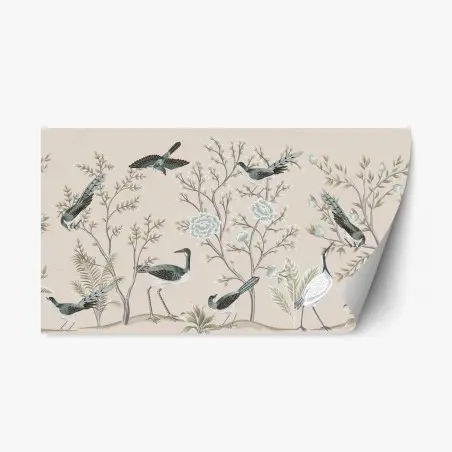 Pegatina reposicionable escena de aves y flores en tonos neutros – Pixers®