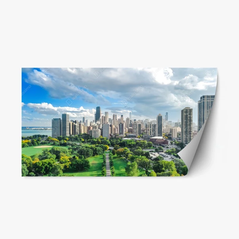 Pegatina reposicionable panorama urbano de Chicago con parque y lago