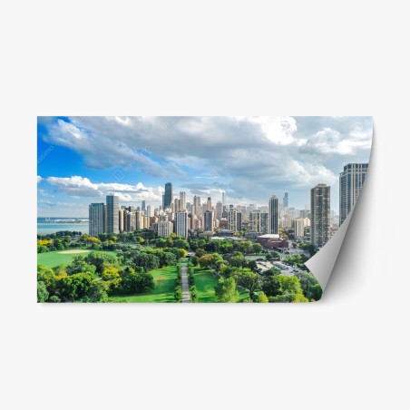 Pegatina reposicionable panorama urbano de Chicago con parque y lago – Pixers®