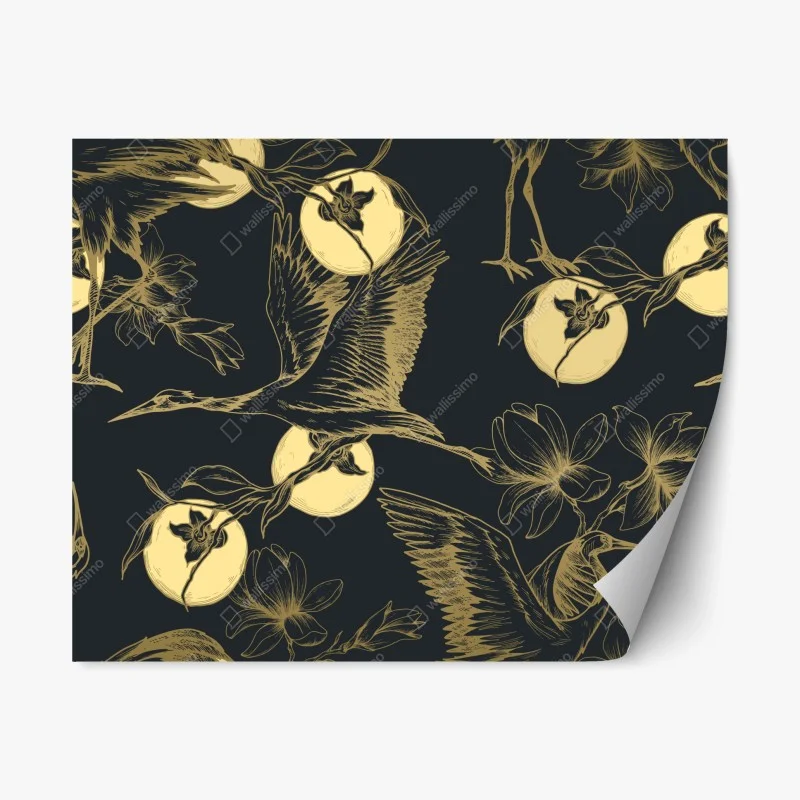 Pegatina reposicionable estampado elegante de garzas y flores doradas sobre fondo oscuro