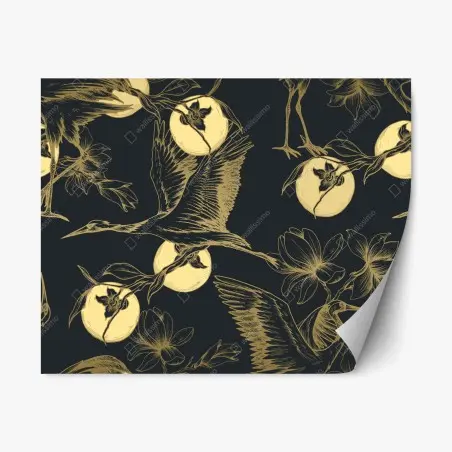 Pegatina reposicionable estampado elegante de garzas y flores doradas sobre fondo oscuro – Pixers®