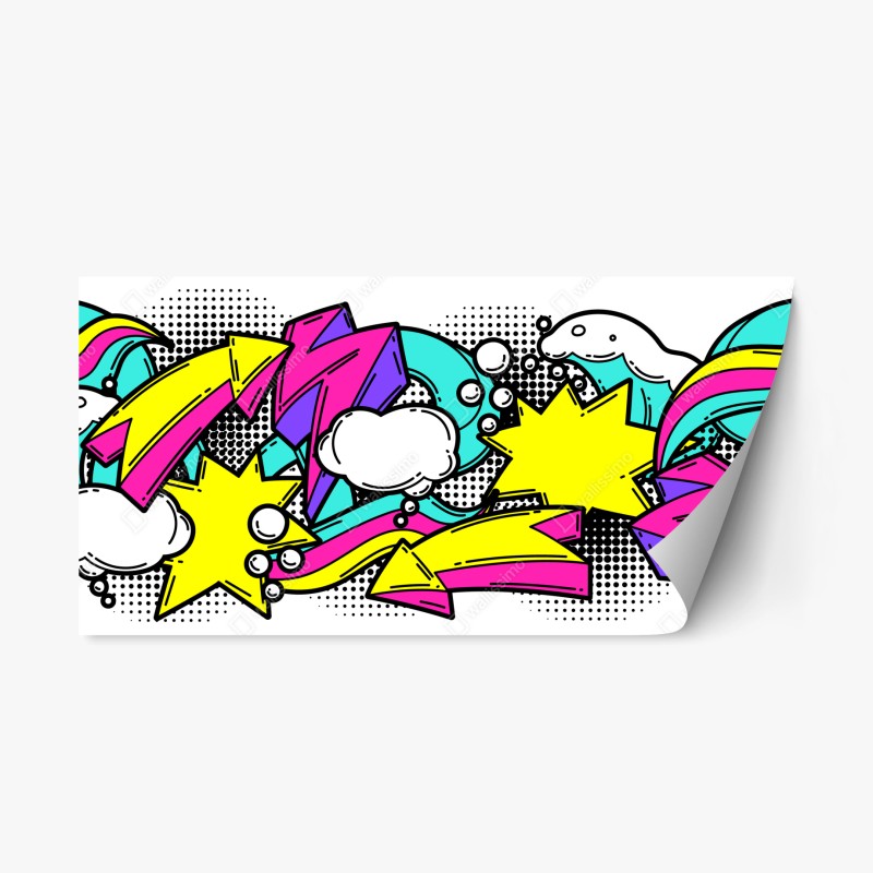 Pegatina reposicionable explosión pop art colorida con flechas y estrellas
