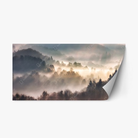 Pegatina reposicionable paisaje de niebla en colinas al amanecer – Pixers®