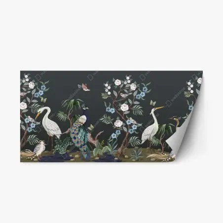 Pegatina reposicionable aves exóticas y flores sobre fondo oscuro – Pixers®