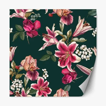 Pegatina reposicionable estampado floral vintage en tonos rosa y verde oscuro – Pixers®