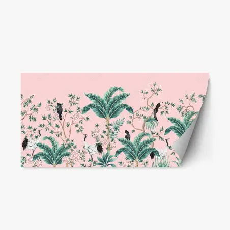 Pegatina reposicionable escena tropical de aves y flores sobre fondo rosa – Pixers®